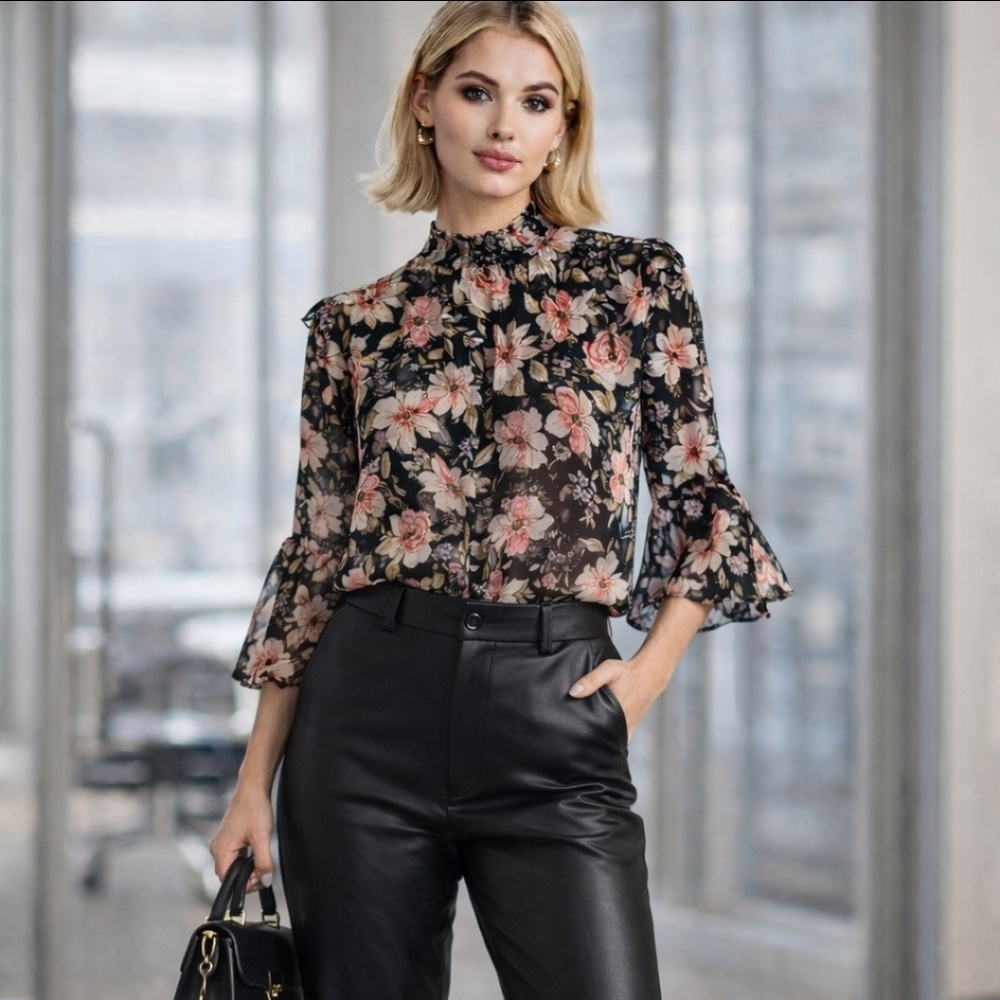 Floral sheer boho gathered mock neck flowy ruffle shimmer wide sleeve M - Picture 4 of 16